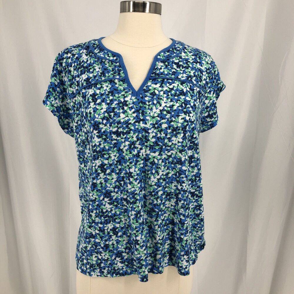 J Jill Tee Shirt Womens Petite L Blue Floral Short Sleeve Casual